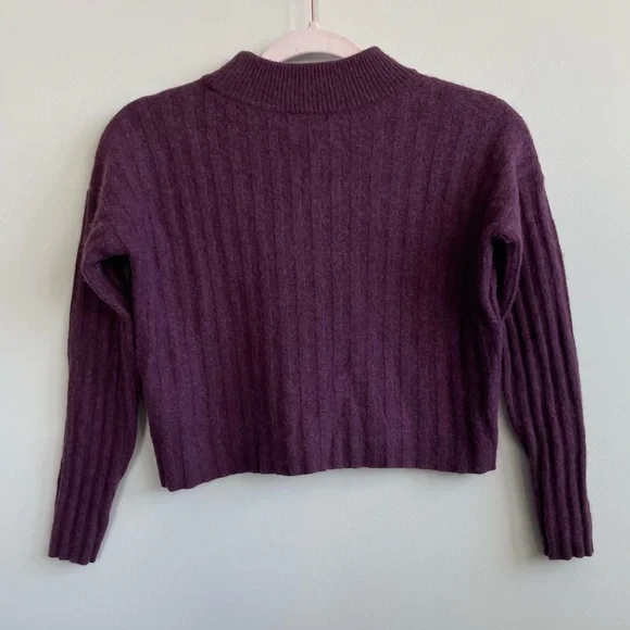 Madewell Wool Blend Mock Neck Cropped Sweater Plum Purple Ribbed - Picture 9 of 11